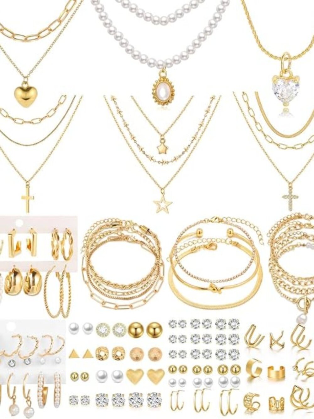 120PCS Gold Jewelry Sets For Women With 7 Necklace 12 Bracelet 30pcs Hoop Ear
